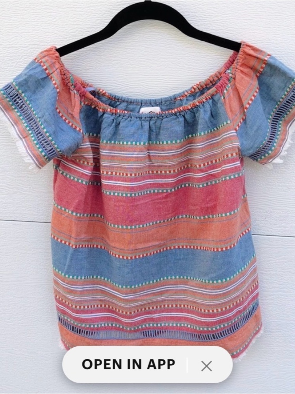 Anthropologie Striped Off-Shoulder Peasant Blouse in Coral and Denim Blue